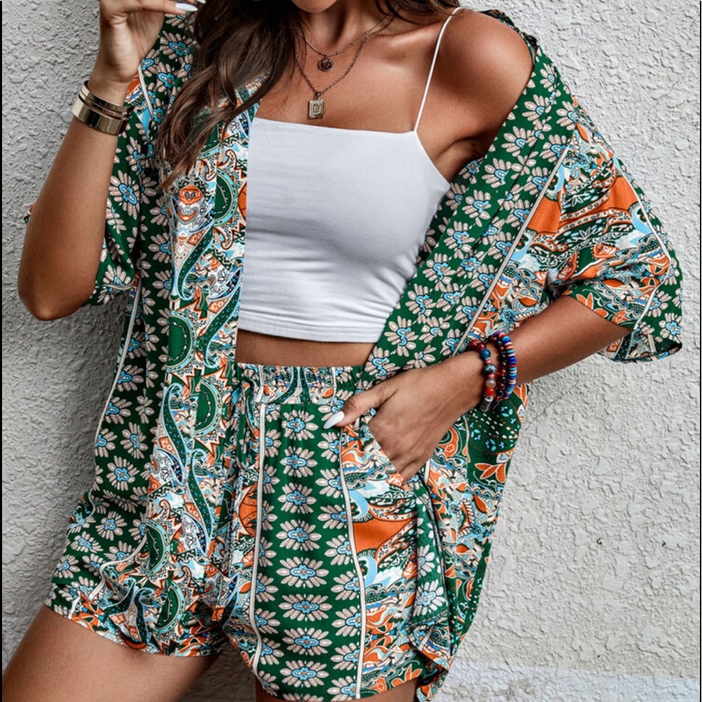 Boho Floral Paisley Print Open Front Kimono Top Shirt Blouse Shorts Set PINK - Picture 14 of 14